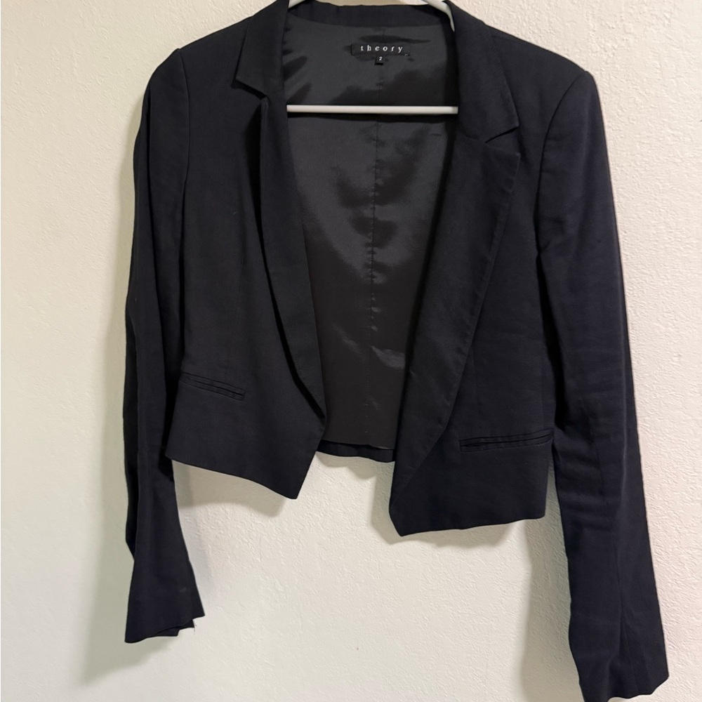 Theory Cropped Linen Blend Blazer Navy Size 2